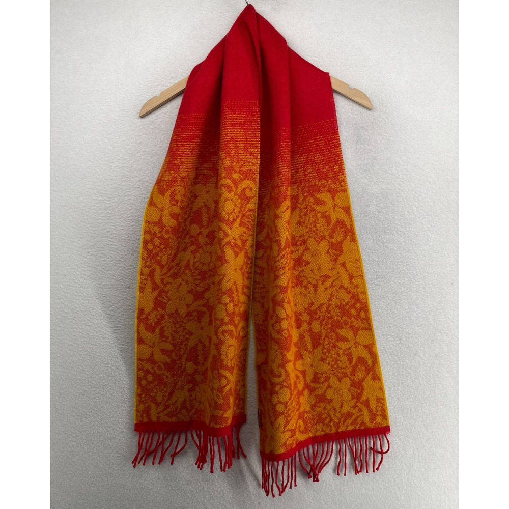 KUNA Scarf Women Baby Alpaca Floral Jacquard Wrap Rectangle Fringe Orange 11x64"